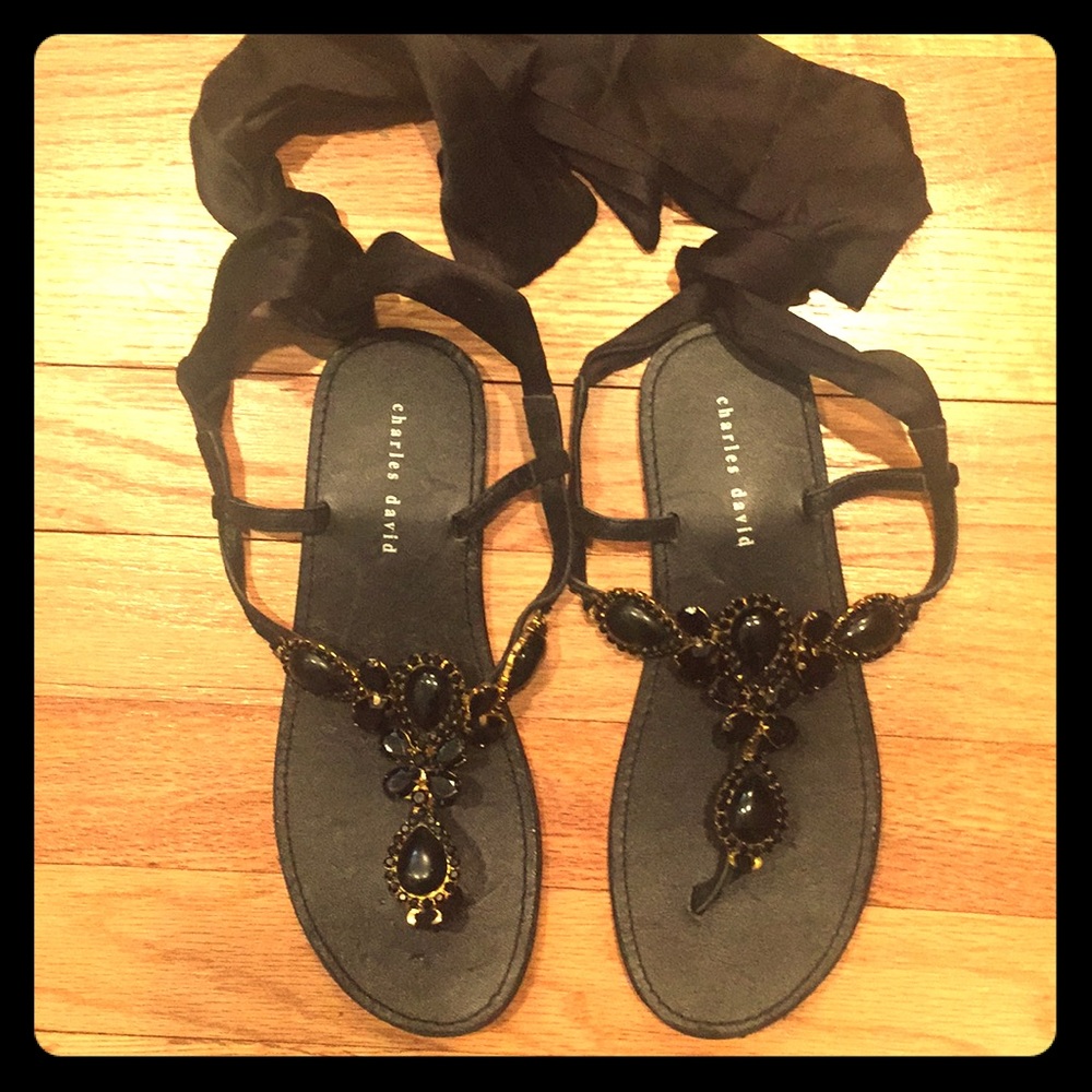 Bejeweled sandals with black ribbon